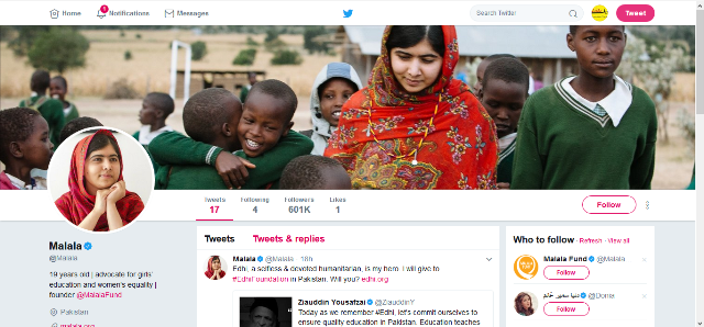 ملالہ یوسفزئی کا ٹویٹر اکاؤنٹ کھلتے ہی حاسدان کی ٹویٹری گولہ باری